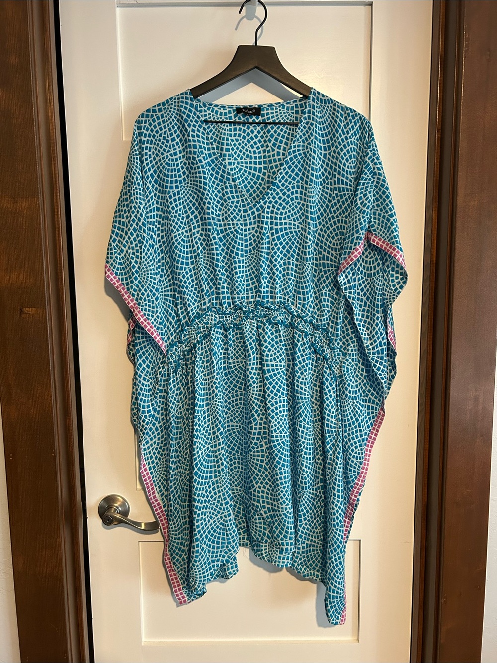Tolani Turquoise Mosaic Print 100% Silk Kaftan / Coverup Size Large